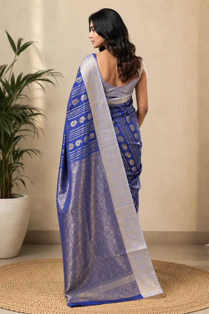 Royal Blue Paithani Silk Saree with Peacock Motifs & Silver Zari Border