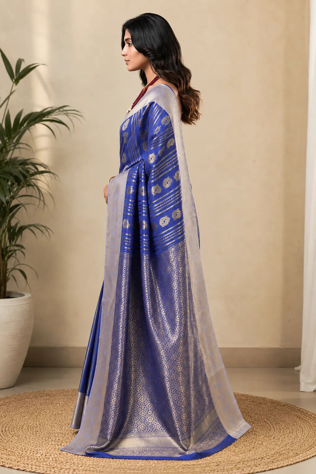 Royal Blue Paithani Silk Saree with Peacock Motifs & Silver Zari Border