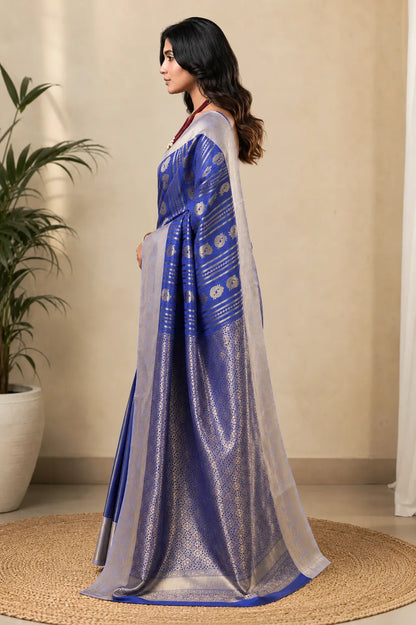 Royal Blue Paithani Silk Saree with Peacock Motifs & Silver Zari Border