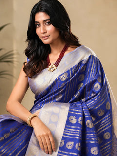 Royal Blue Paithani Silk Saree with Peacock Motifs & Silver Zari Border