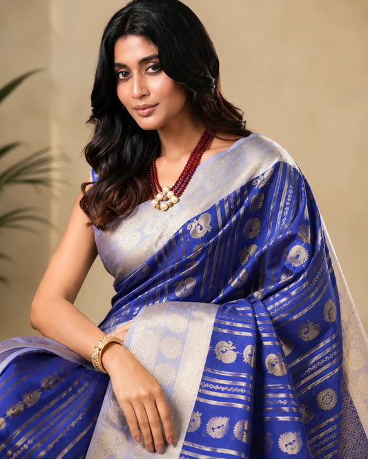Royal Blue Paithani Silk Saree with Peacock Motifs & Silver Zari Border