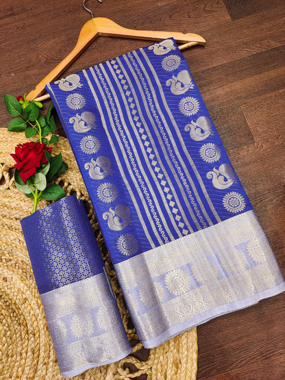 Royal Blue Paithani Silk Saree with Peacock Motifs & Silver Zari Border