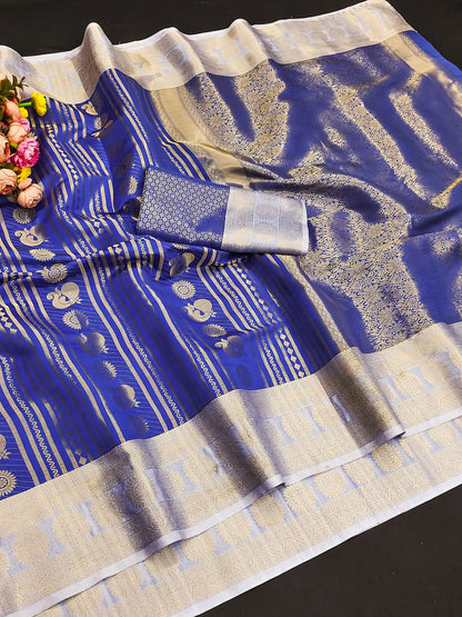 Royal Blue Paithani Silk Saree with Peacock Motifs & Silver Zari Border