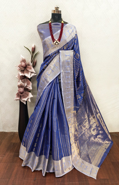 Royal Blue Paithani Silk Saree with Peacock Motifs & Silver Zari Border