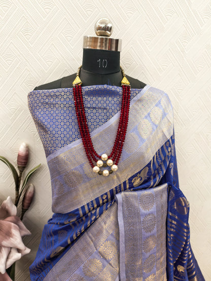 Royal Blue Paithani Silk Saree with Peacock Motifs & Silver Zari Border