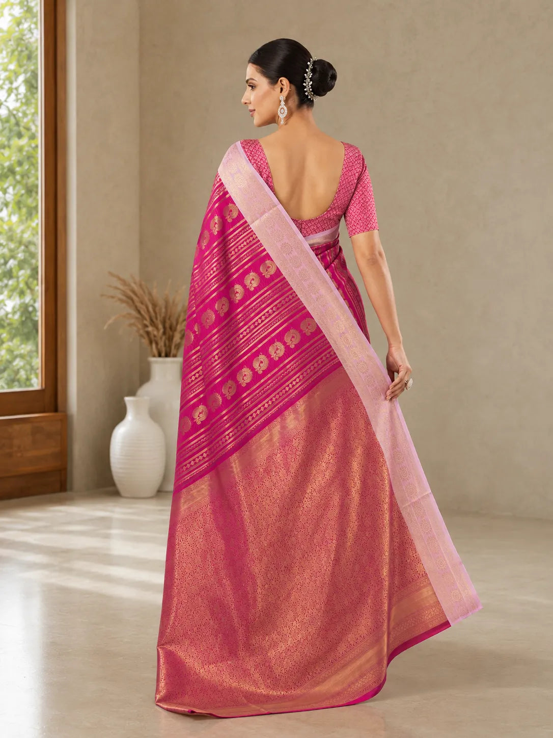 Rani Pink Paithani Silk Saree with Peacock Motifs & Gold Zari Weaving