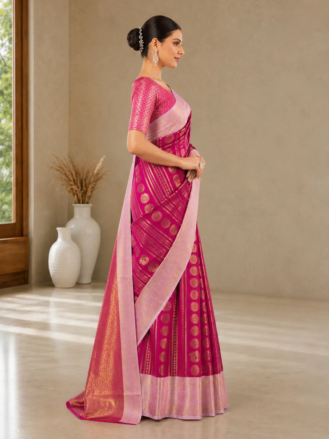 Rani Pink Paithani Silk Saree with Peacock Motifs & Gold Zari Weaving