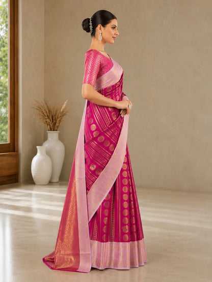 Rani Pink Paithani Silk Saree with Peacock Motifs & Gold Zari Weaving