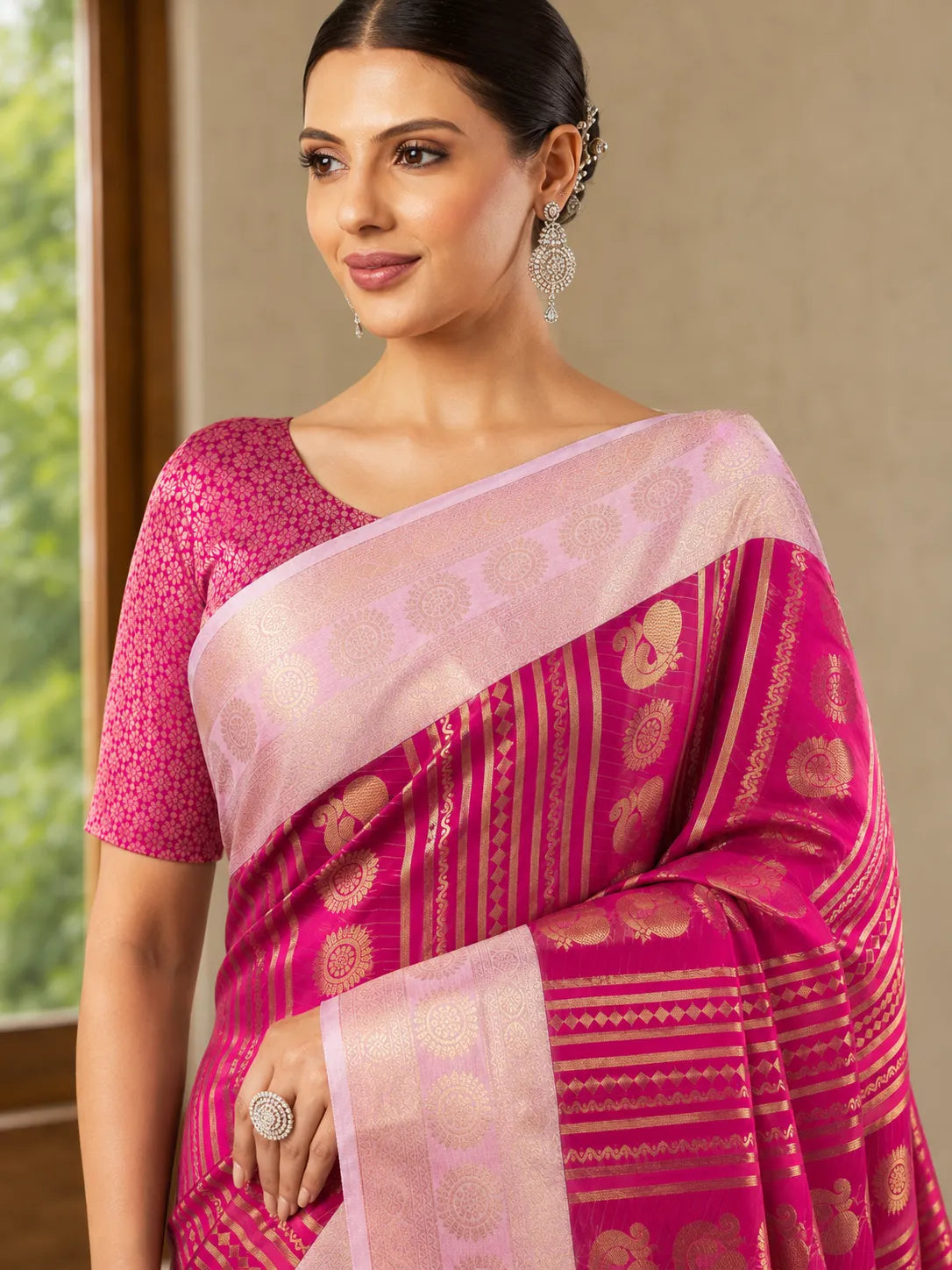 Rani Pink Paithani Silk Saree with Peacock Motifs & Gold Zari Weaving