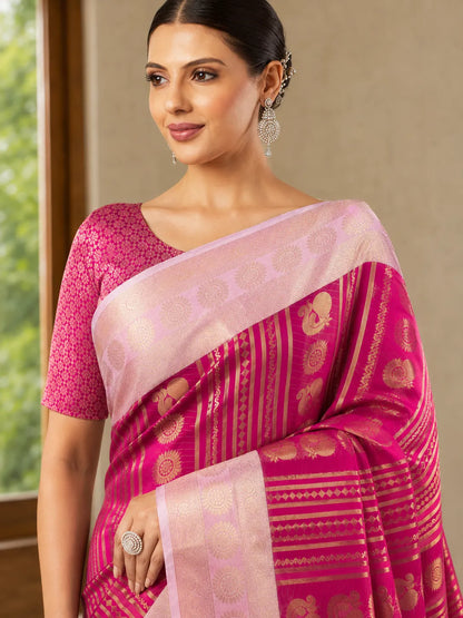 Rani Pink Paithani Silk Saree with Peacock Motifs & Gold Zari Weaving
