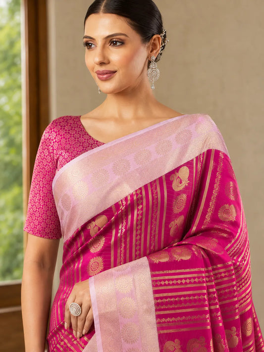 Rani Pink Paithani Silk Saree with Peacock Motifs & Gold Zari Weaving