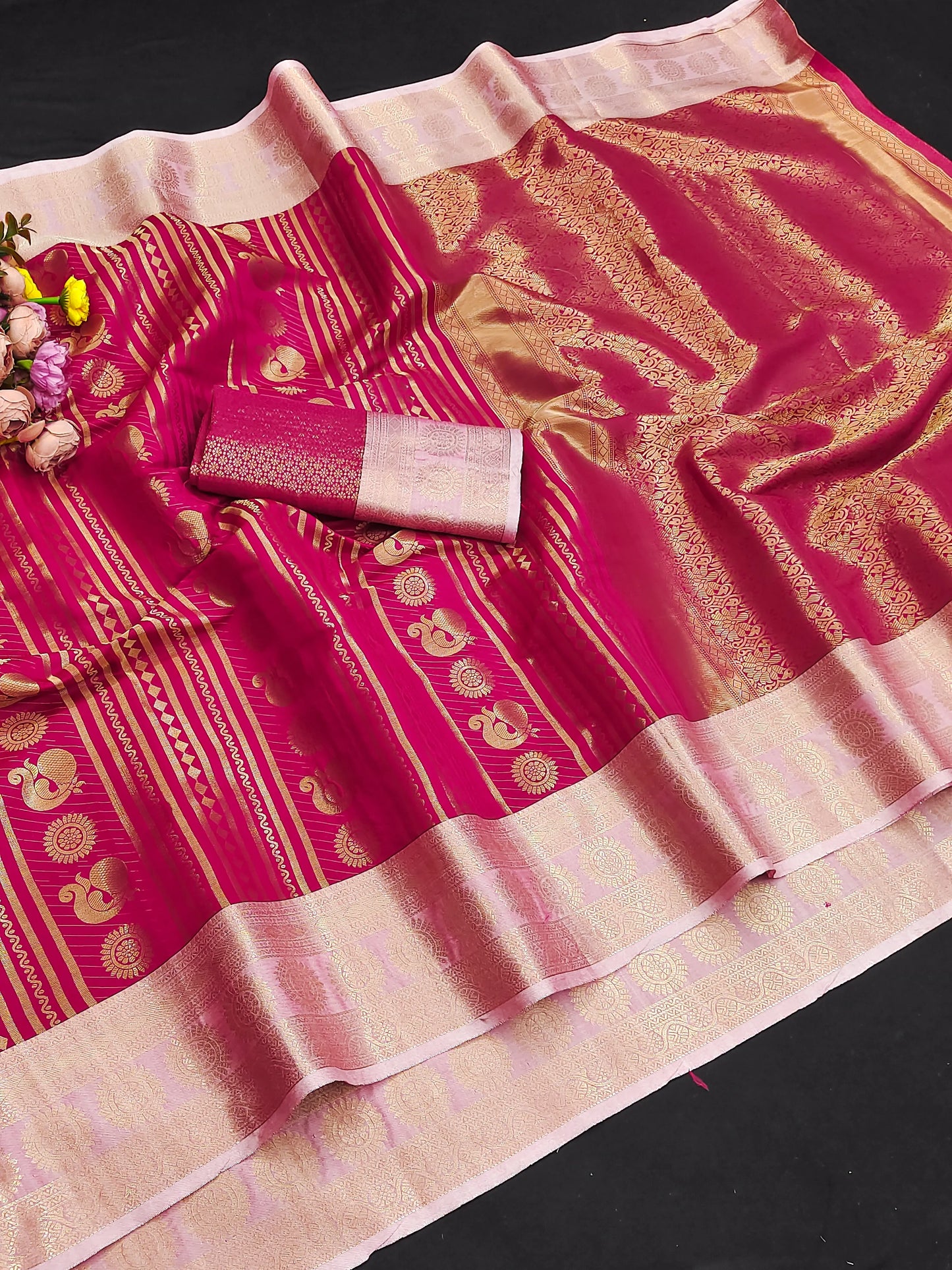 Rani Pink Paithani Silk Saree with Peacock Motifs & Gold Zari Weaving