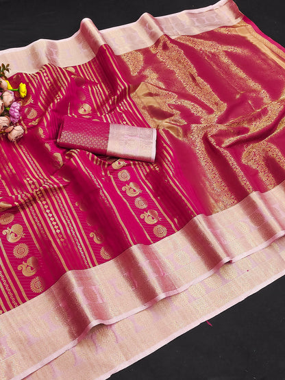Rani Pink Paithani Silk Saree with Peacock Motifs & Gold Zari Weaving