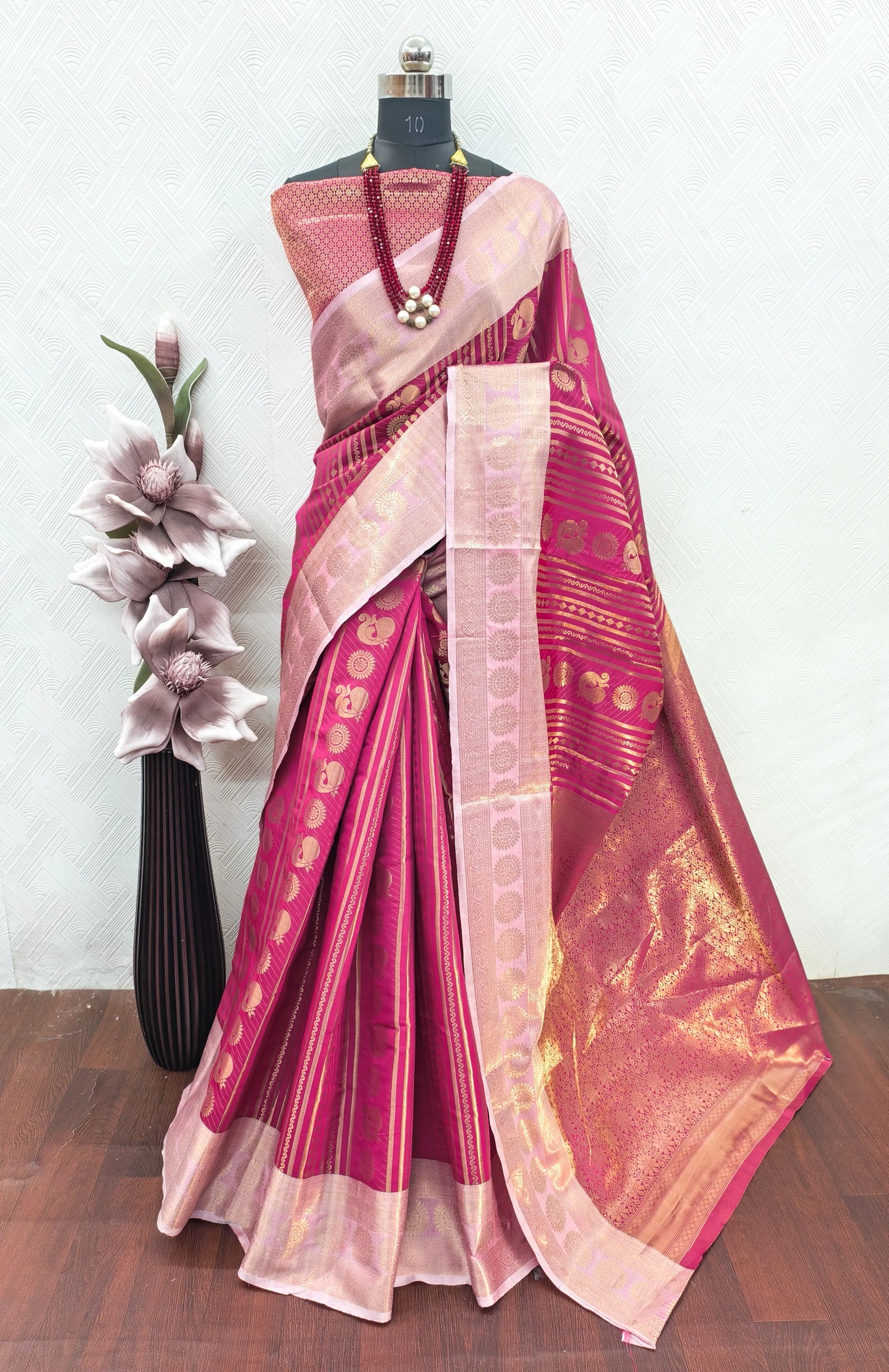 Rani Pink Paithani Silk Saree with Peacock Motifs & Gold Zari Weaving