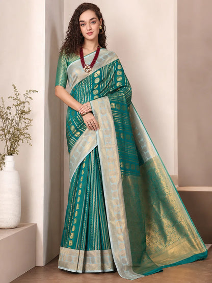 Royal Rama Green Paithani Silk Saree with Peacock Motifs & Silver Zari Border