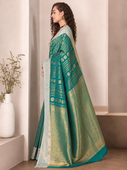 Royal Rama Green Paithani Silk Saree with Peacock Motifs & Silver Zari Border
