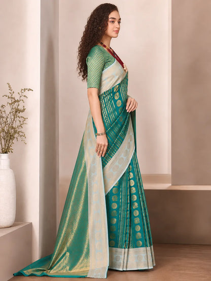 Royal Rama Green Paithani Silk Saree with Peacock Motifs & Silver Zari Border
