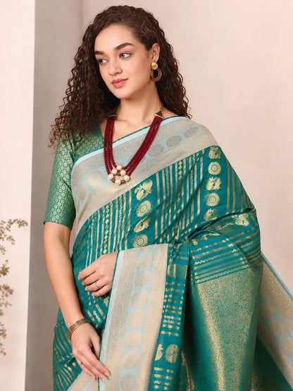Royal Rama Green Paithani Silk Saree with Peacock Motifs & Silver Zari Border
