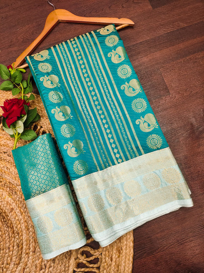 Royal Rama Green Paithani Silk Saree with Peacock Motifs & Silver Zari Border