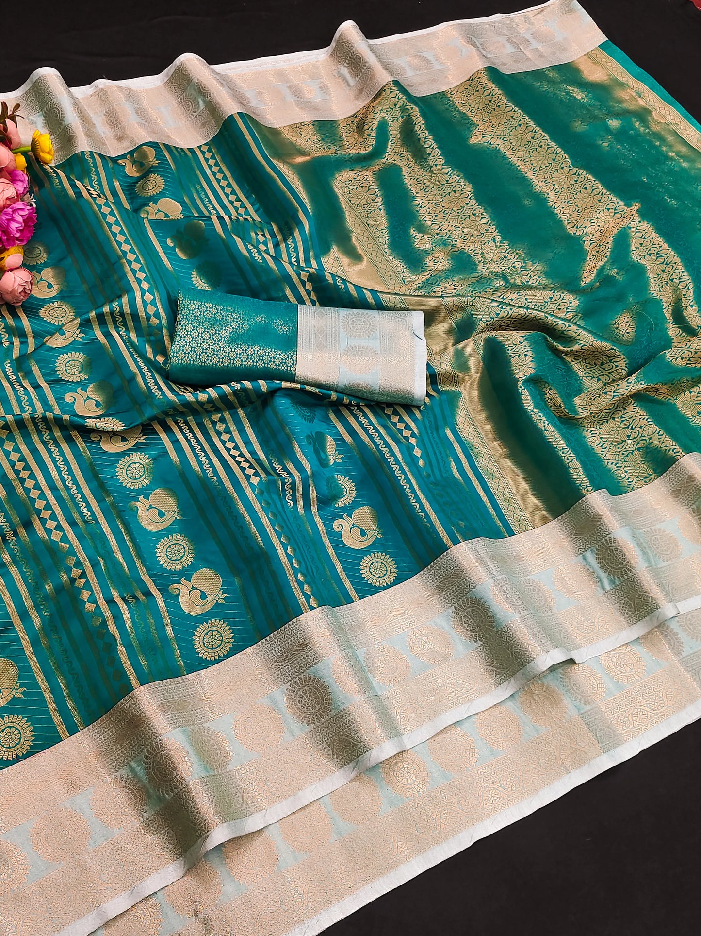 Royal Rama Green Paithani Silk Saree with Peacock Motifs & Silver Zari Border