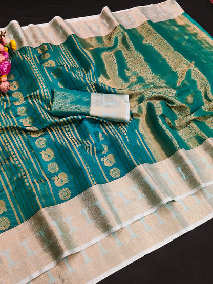 Royal Rama Green Paithani Silk Saree with Peacock Motifs & Silver Zari Border