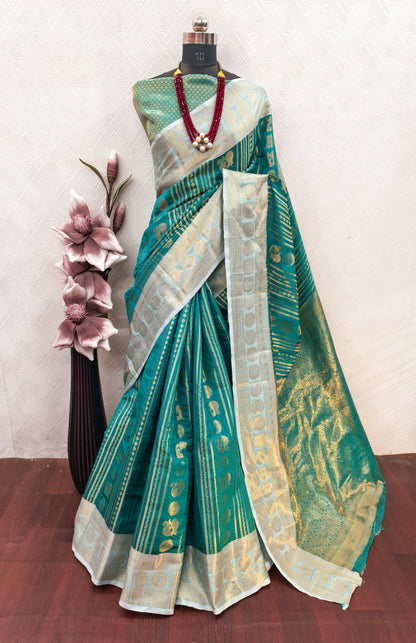 Royal Rama Green Paithani Silk Saree with Peacock Motifs & Silver Zari Border