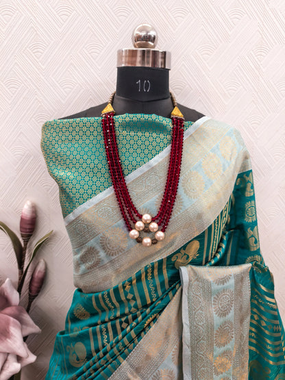Royal Rama Green Paithani Silk Saree with Peacock Motifs & Silver Zari Border