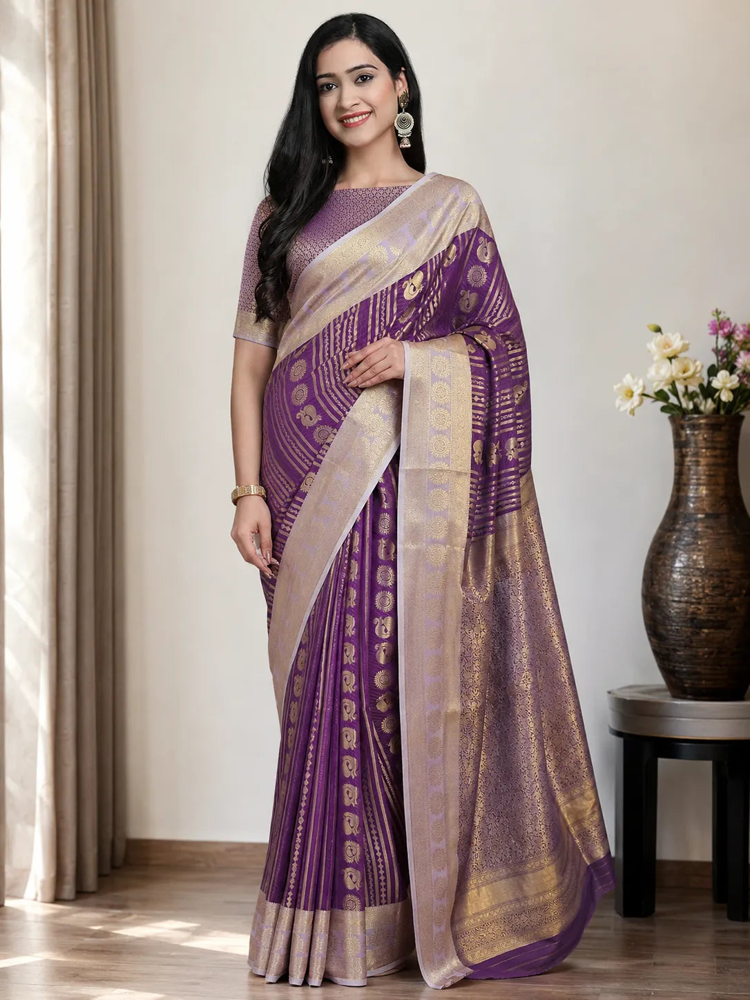 Royal Wine Purple Paithani Silk Saree with Peacock Motifs & Silver Zari Border