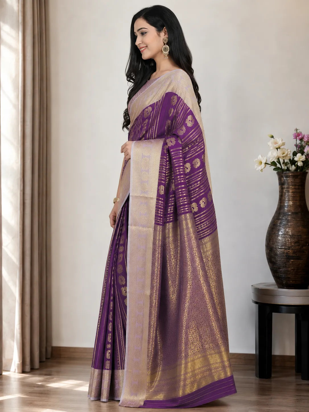 Royal Wine Purple Paithani Silk Saree with Peacock Motifs & Silver Zari Border