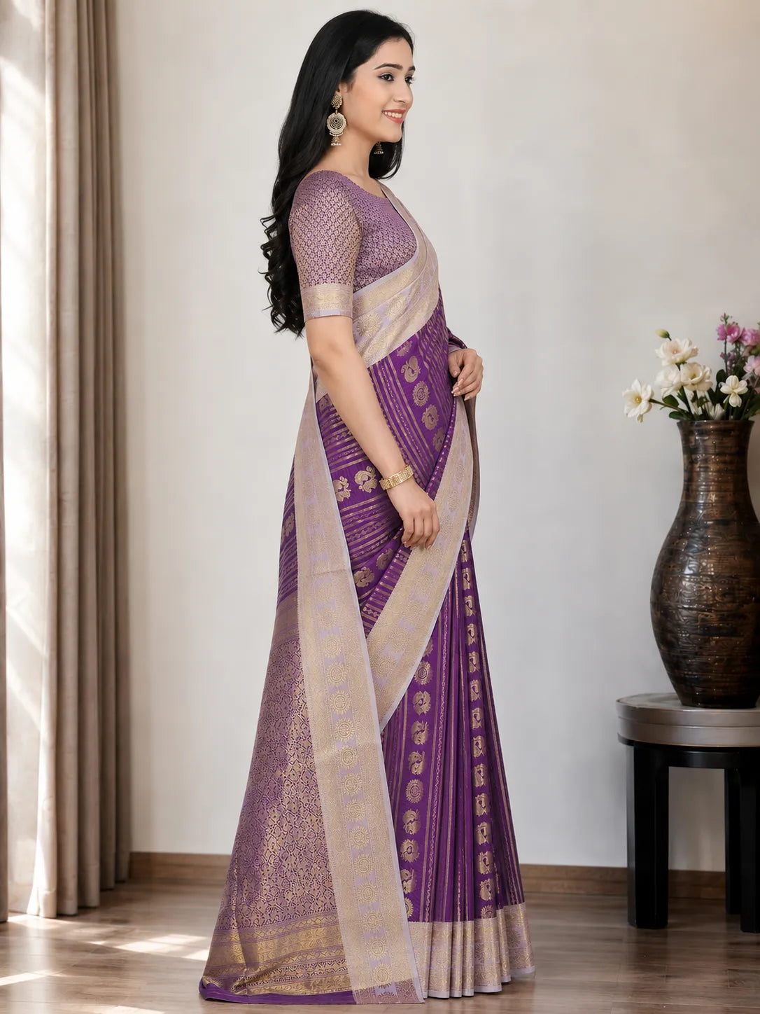 Royal Wine Purple Paithani Silk Saree with Peacock Motifs & Silver Zari Border