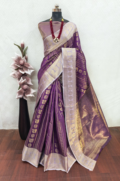 Royal Wine Purple Paithani Silk Saree with Peacock Motifs & Silver Zari Border