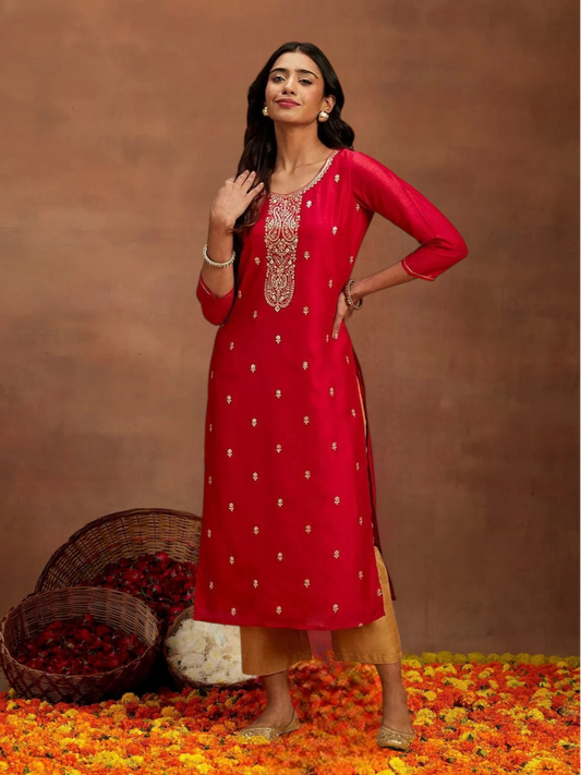 Maroon Gold Embroidered Silk Straight Kurti