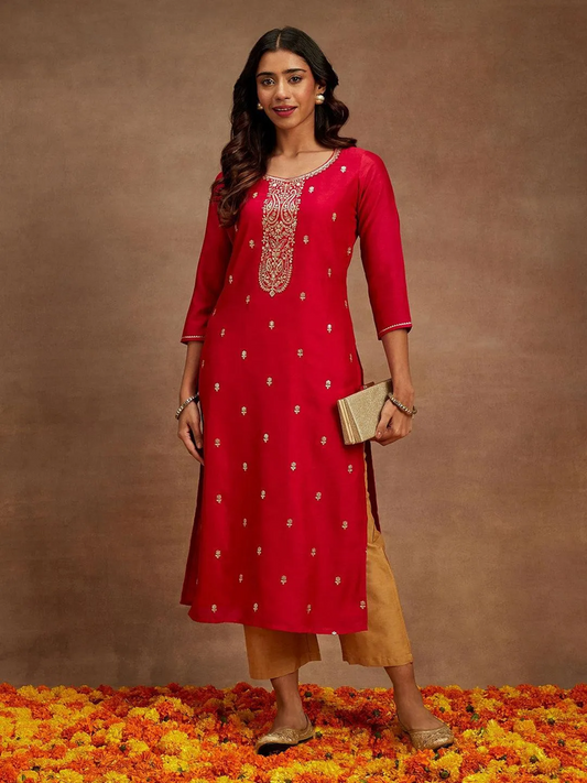 Maroon Gold Embroidered Silk Straight Kurti