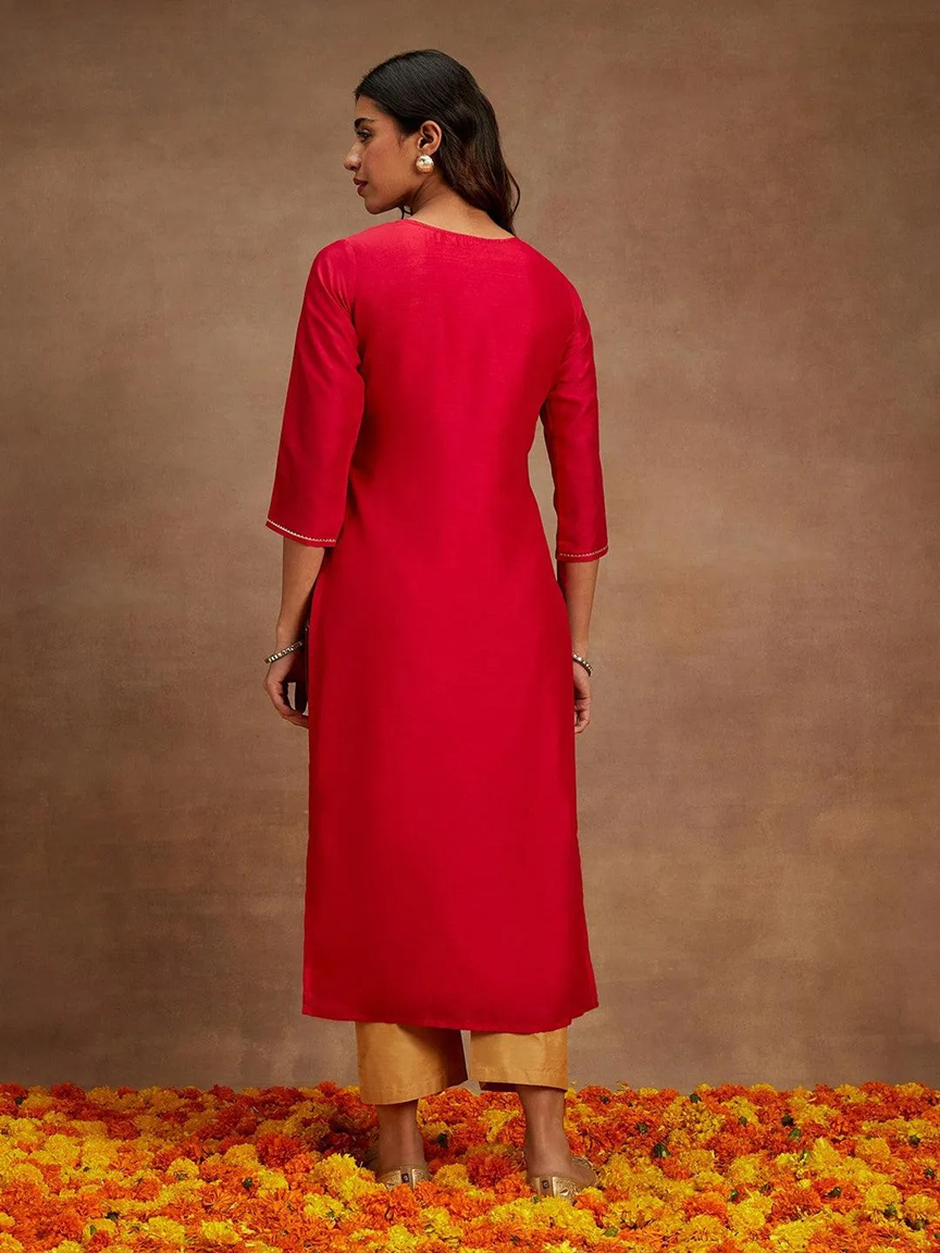 Maroon Gold Embroidered Silk Straight Kurti