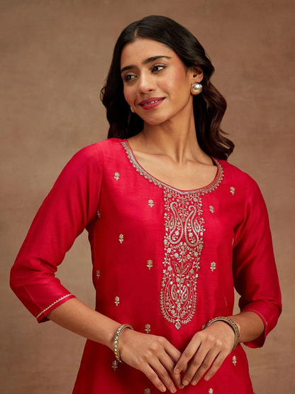 Maroon Gold Embroidered Silk Straight Kurti