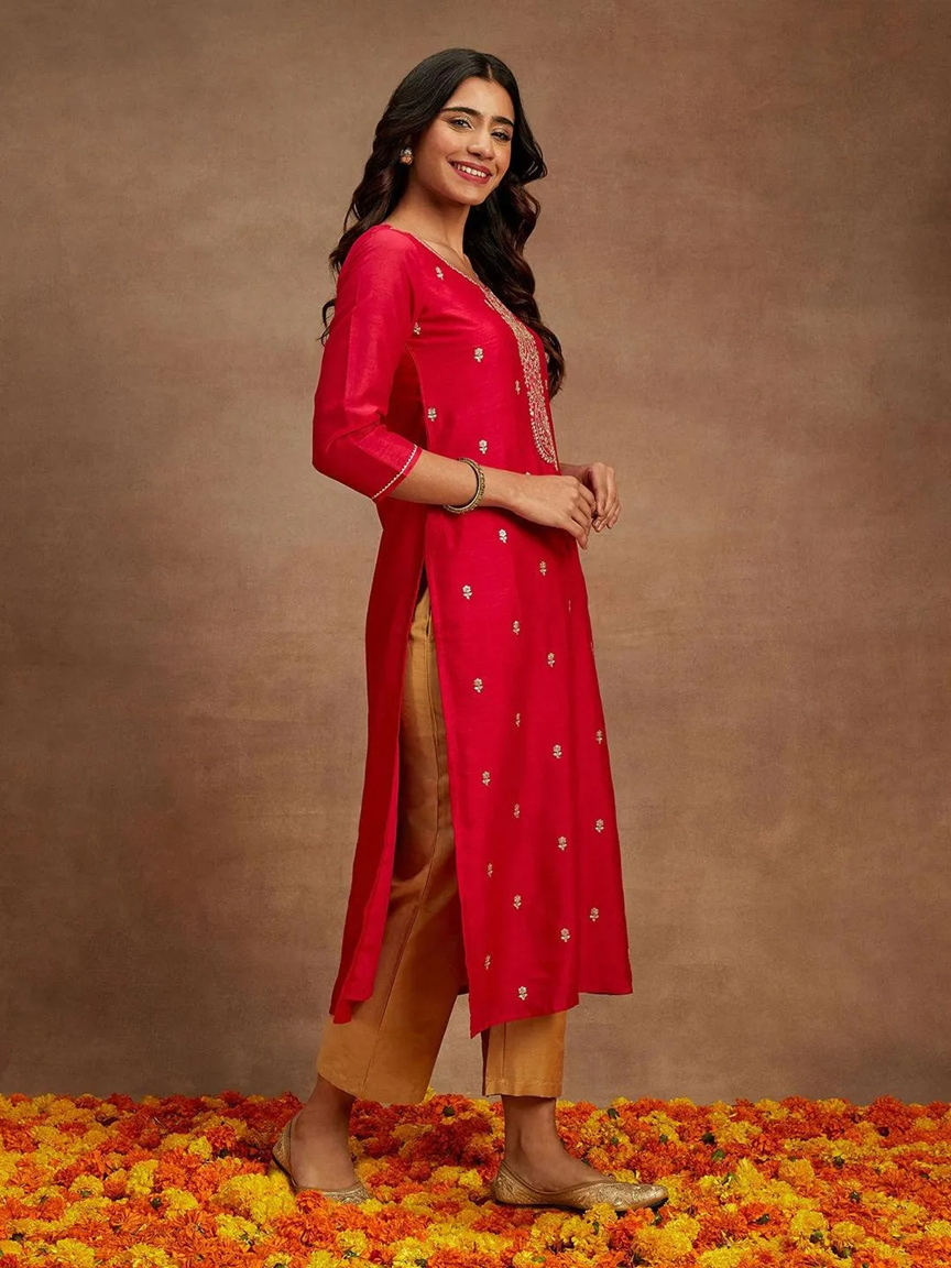 Maroon Gold Embroidered Silk Straight Kurti