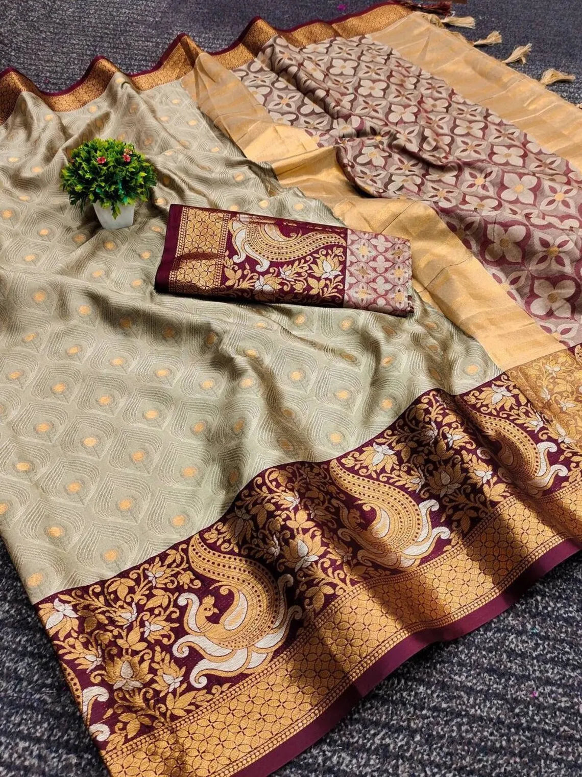 Chiku Beige Banarasi Silk Saree with Maroon Peacock Zari Border
