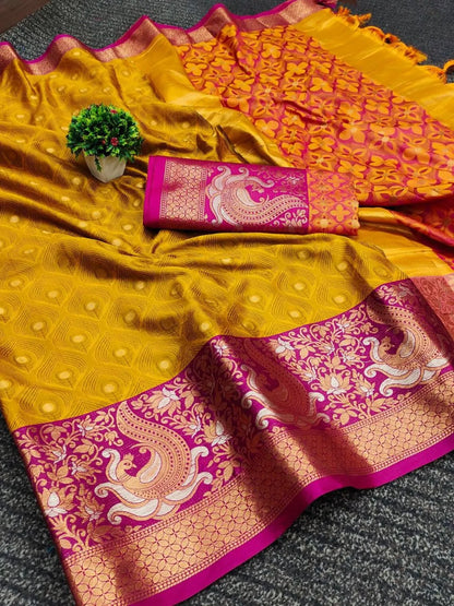 Mustard Gold Banarasi Silk Saree with Rani Pink Peacock Zari Border