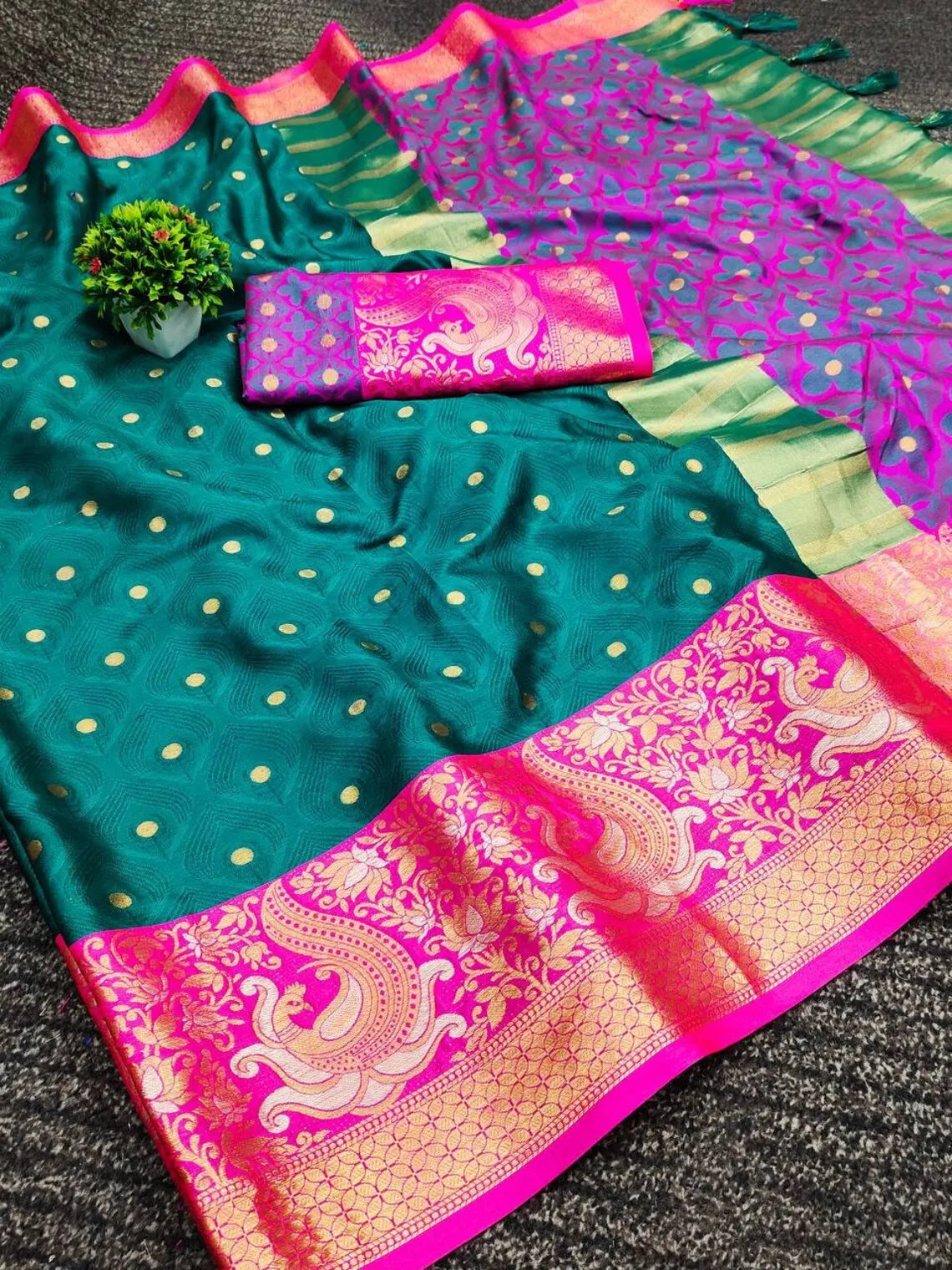 Peacock Green Banarasi Silk Saree with Rani Pink Peacock Zari Border