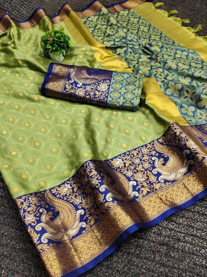 Olive Green Banarasi Silk Saree with Royal Blue Peacock Zari Border