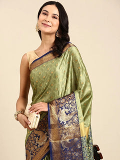 Olive Green Banarasi Silk Saree with Royal Blue Peacock Zari Border