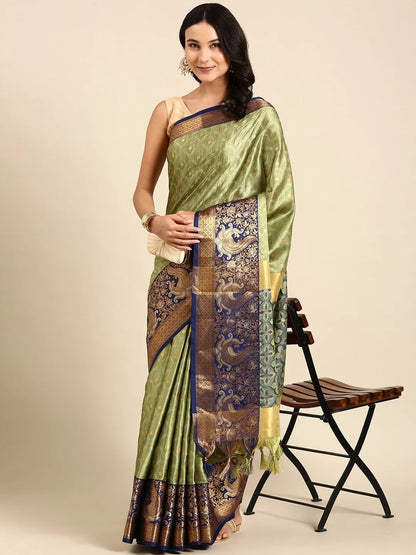 Olive Green Banarasi Silk Saree with Royal Blue Peacock Zari Border