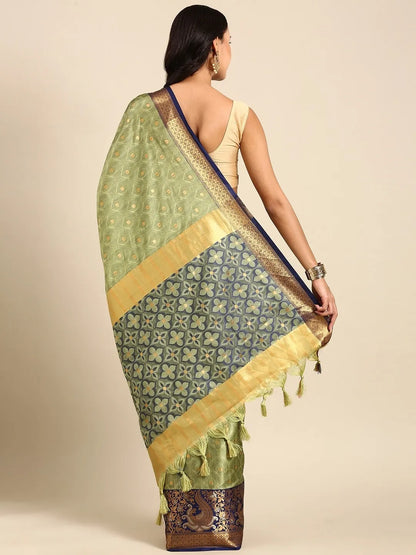 Olive Green Banarasi Silk Saree with Royal Blue Peacock Zari Border