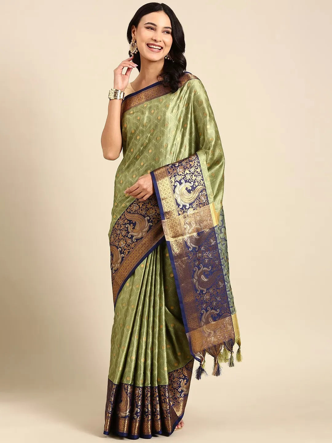 Olive Green Banarasi Silk Saree with Royal Blue Peacock Zari Border