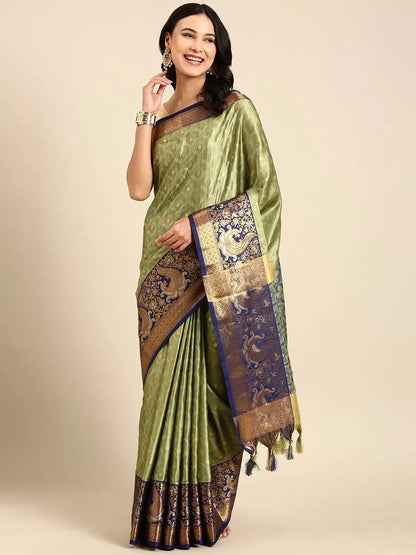 Olive Green Banarasi Silk Saree with Royal Blue Peacock Zari Border