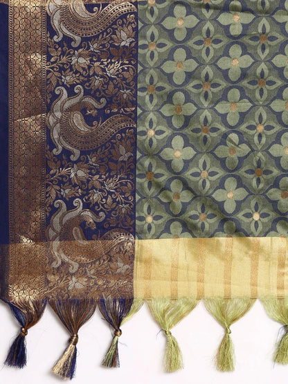Olive Green Banarasi Silk Saree with Royal Blue Peacock Zari Border