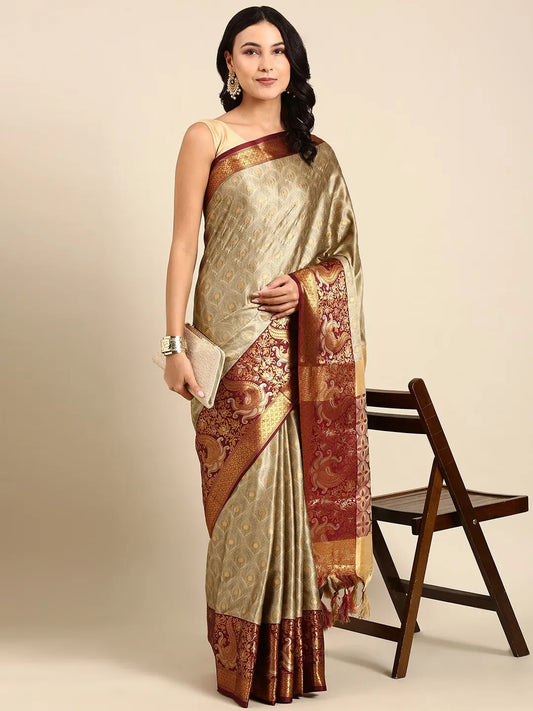 Chiku Beige Banarasi Silk Saree with Maroon Peacock Zari Border