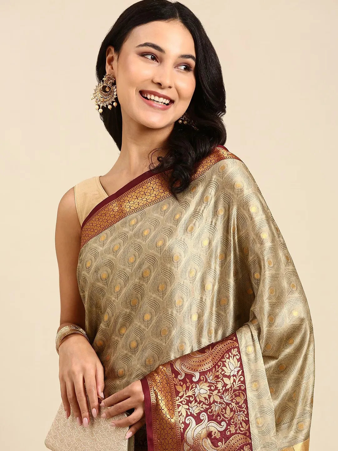 Chiku Beige Banarasi Silk Saree with Maroon Peacock Zari Border
