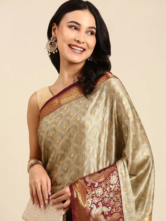 Chiku Beige Banarasi Silk Saree with Maroon Peacock Zari Border