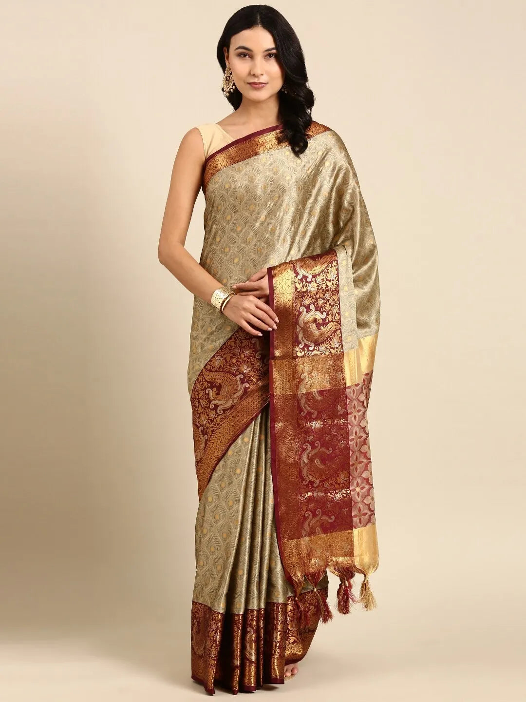 Chiku Beige Banarasi Silk Saree with Maroon Peacock Zari Border